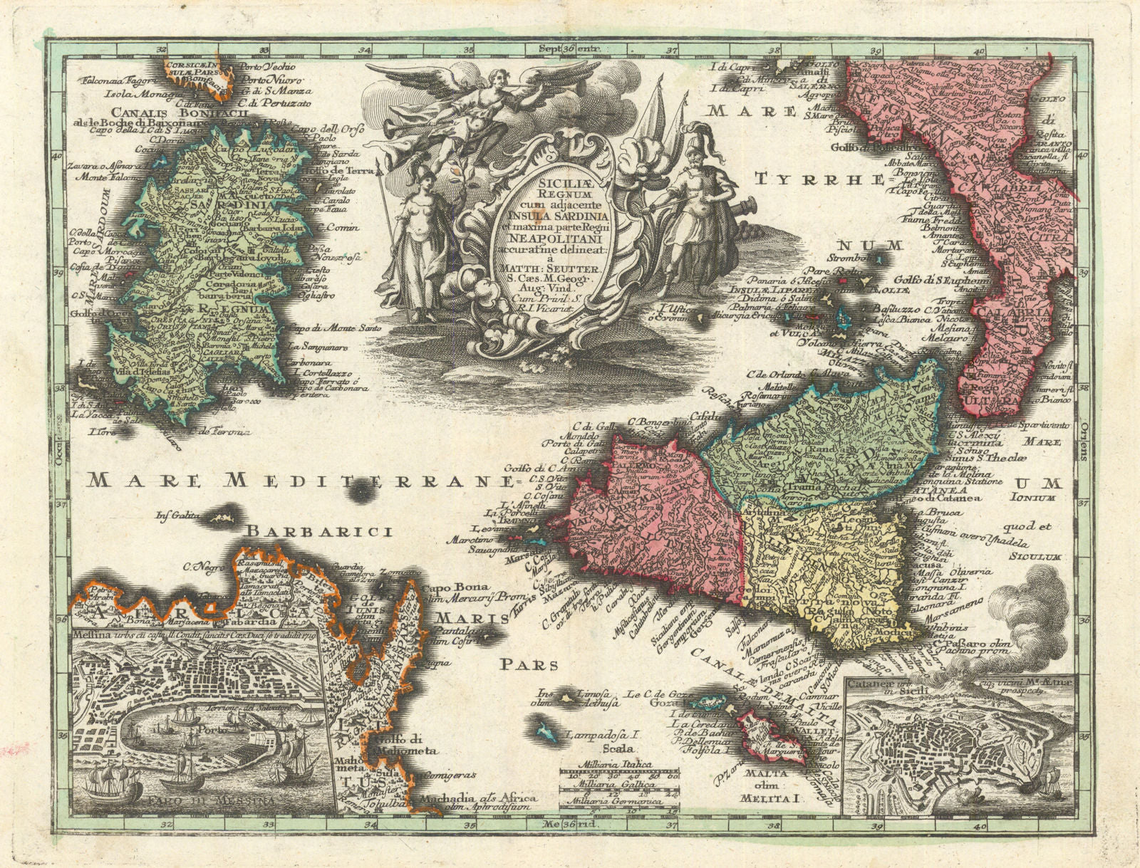 Siciliae Regnum cum adjacente Insula Sardinia. Sicily. Seutter c1744 old map